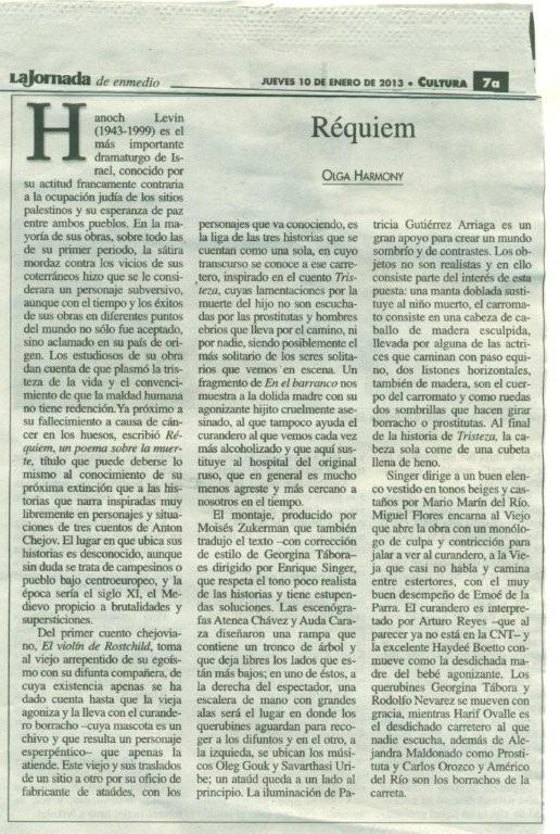 La Jornada 10 de enero 2013. Emoé de la Parra, Réquiem, Olga Harmony